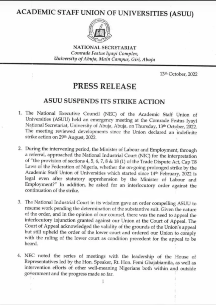 ASUU strike update